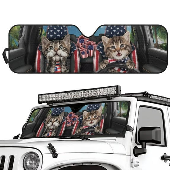 Uorisanigo Windshield Sun Shade for 2007-2018 Jeep Wrangler JK JKU & 1997-2006 Jeep Wrangler TJ LJ, Aluminum Foil Block UV Rays and Heat, American Flag Cat Driving Auto Sunshade