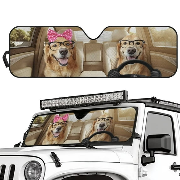 Uorisanigo Windshield Sun Shade for 2007-2018 Jeep Wrangler JK JKU & 1997-2006 Jeep Wrangler TJ LJ Foldable Golden Retriever Driving Window Sun Visor, Blocks UV Rays Heat, Keep Your Car Cooler