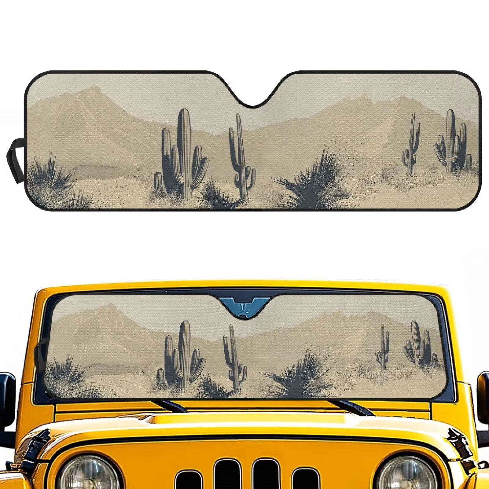Uorisanigo Windshield Sun Shade for 2007-2023 Wrangler Rubicon Sahara TJ JK JKU 2 & 4 Door, Aluminum Foil Film Desert Cactus Print Sun Visor Sunshade,Effectively Blocking Heat and UV Rays
