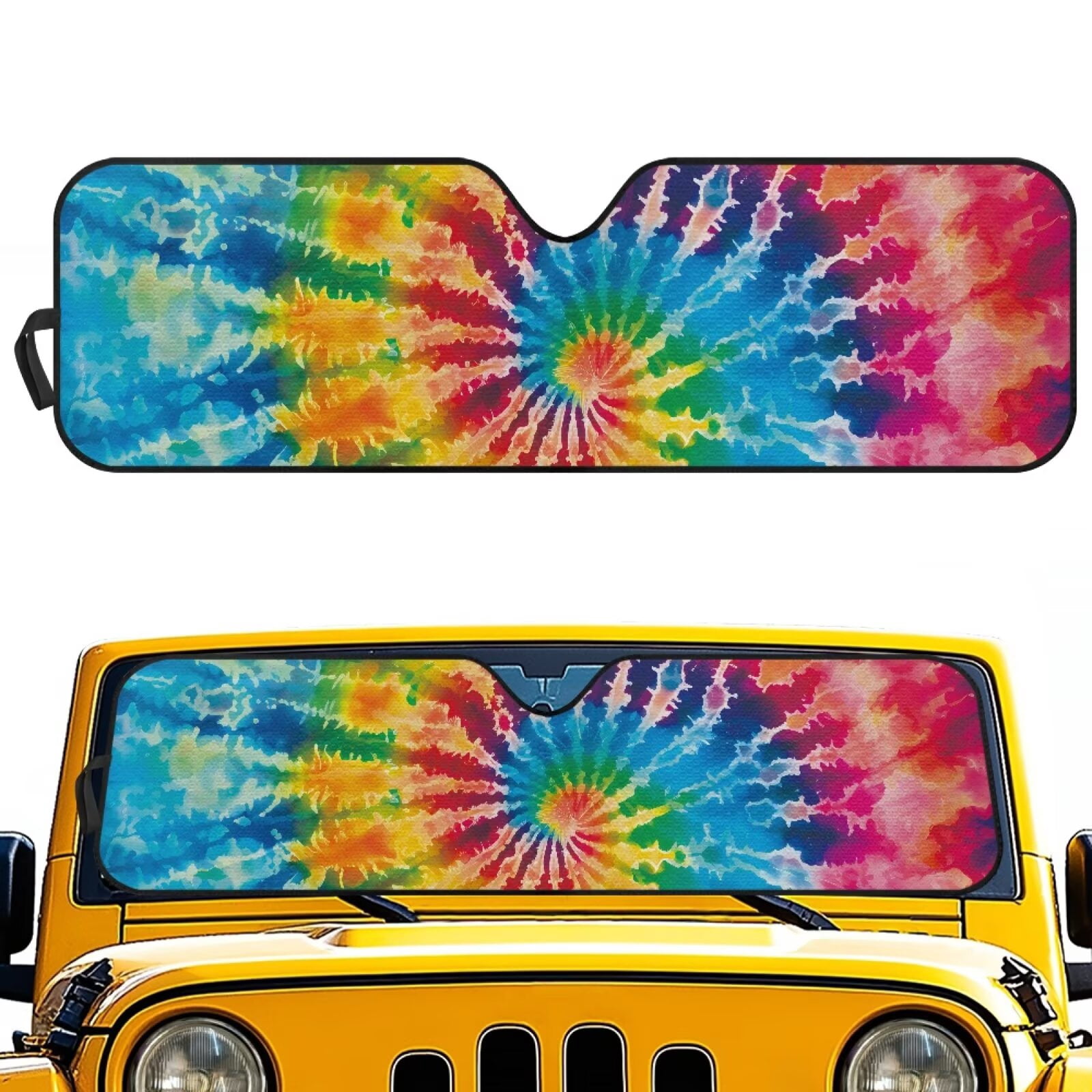 Uorisanigo Windshield Sun Shade for 2007-2023 Wrangler Rubicon Sahara TJ JK JKU 2 & 4 Door - Colorful Tie Dye Sunshade Compatible with Jeep Foldable Front Window Sun Visor Block UV Rays