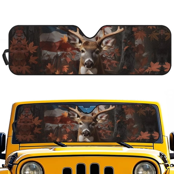 Uorisanigo Windshield Sun Shade for 2018-2025 Jeep Wrangler JL/2020-2025 Jeep Gladiator-Blocks UV Rays Sun Visor Mat, Camo American Flag Deer Hunter Car Sunshade with Storage Bag