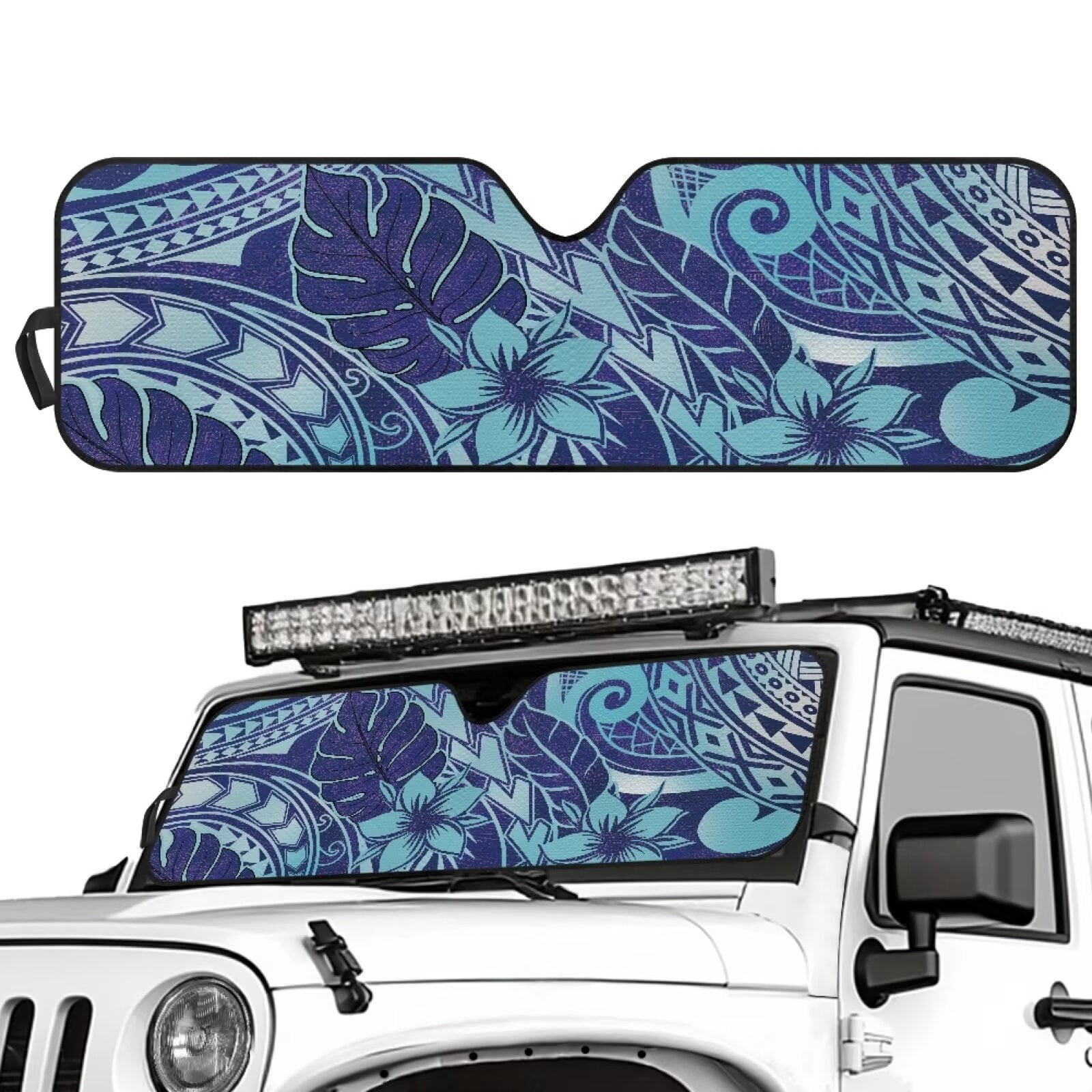Uorisanigo Windshield Sun Shade for 2018-2025 Jeep Wrangler JL/2020-2025 Jeep Gladiator, Front Window Blue Polynesian Flowers Sunshade, Aluminum Foil Structure Block UV Rays and Heat