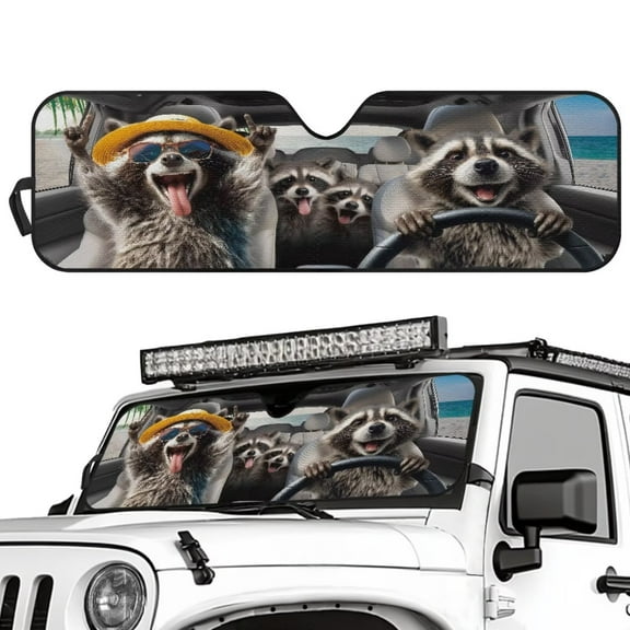 Uorisanigo Windshield Sun Shade for 2018-2025 Jeep Wrangler JL JLU & 2020-2025 Jeep Gladiator, Funny Raccoon Print Sun Visor Windshield Sunshade Blocks UV Rays, Foldable Shade Heat Shield