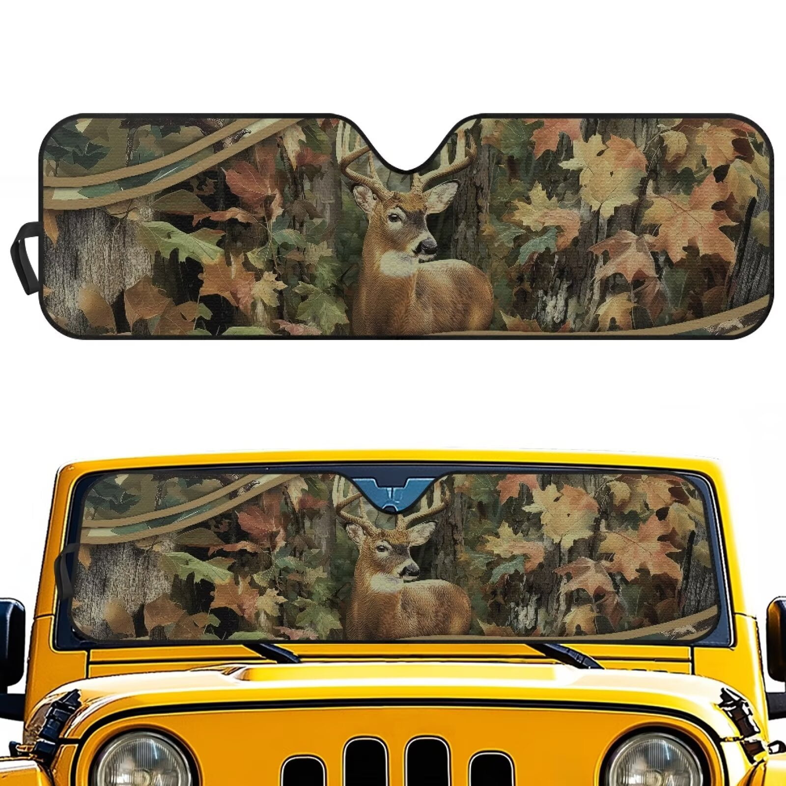 Uorisanigo Windshield Sun Shade for 2024 Jeep Wrangler JL JLU,Camo Hunting Deer Shade Heat Shield Foldable for Front Window Windshield Cover for 2024 Jeep Wrangler 4XE Window Sun Visor