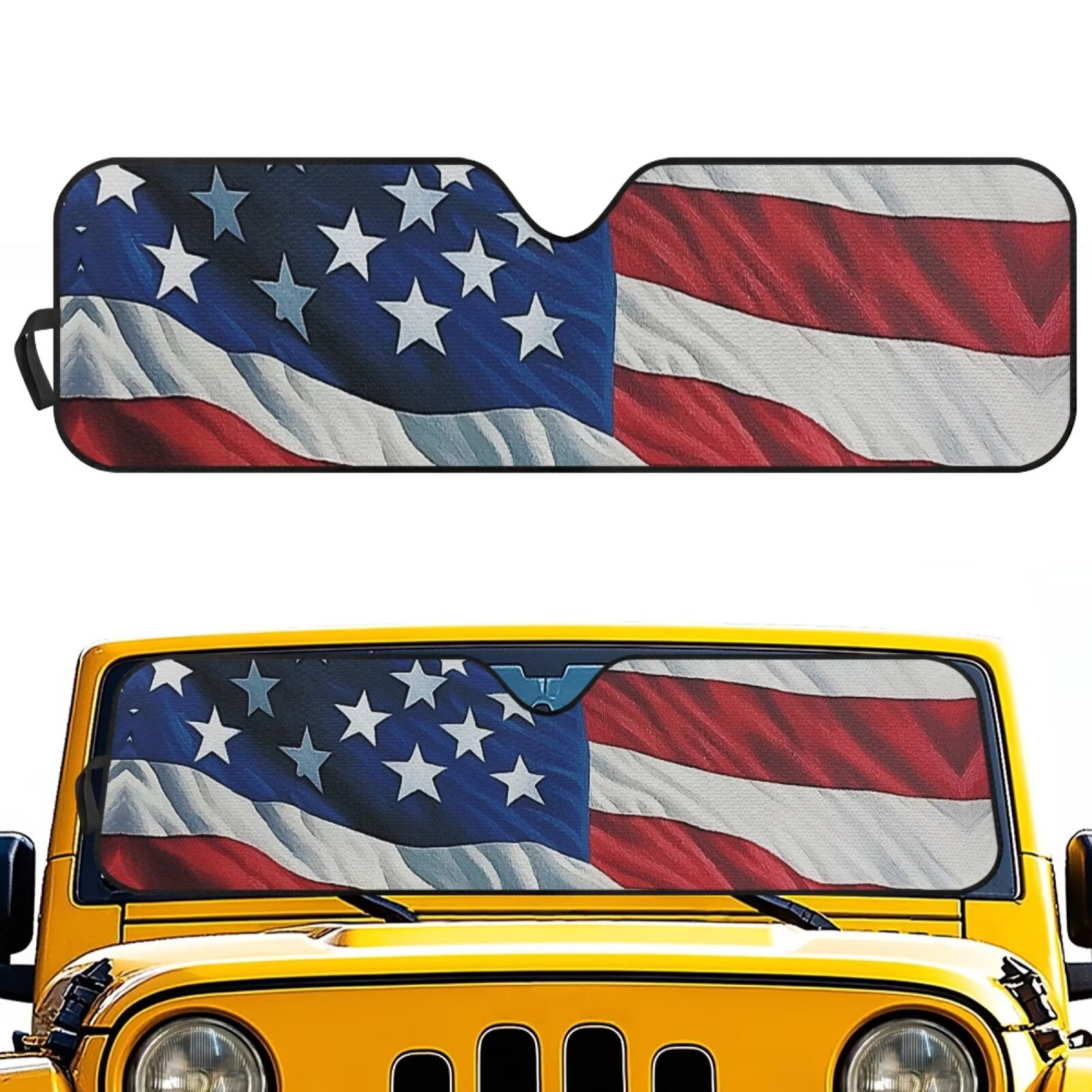 Uorisanigo Windshield Sun Shade, 3D USA Flag Car Sunshade Compatible with Jeep Wrangler Rubicon Sahara TJ JK JKU 2 Door & 4 Door, UV Rays Blocker Sun Visor Shade Keep Vehicle Cool