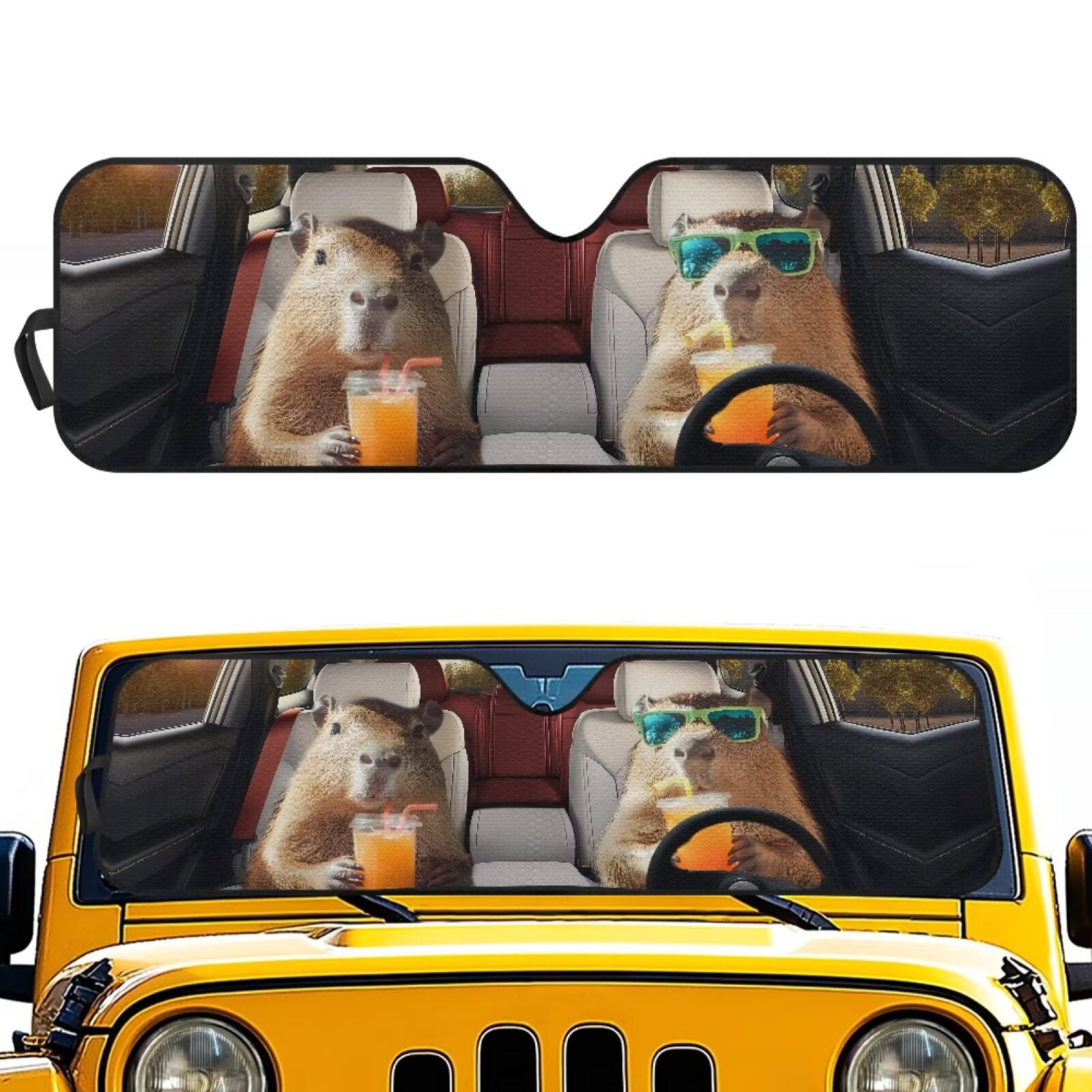 Uorisanigo Windshield Sun Shade Auto Heat Shield for Rubicon Sahara TJ JK JKU 2 Door & 4 Door Foldable Windshield Sun Visor Protect Your Car from Heat & Glare UV Ray(Capybara Animal Driving)