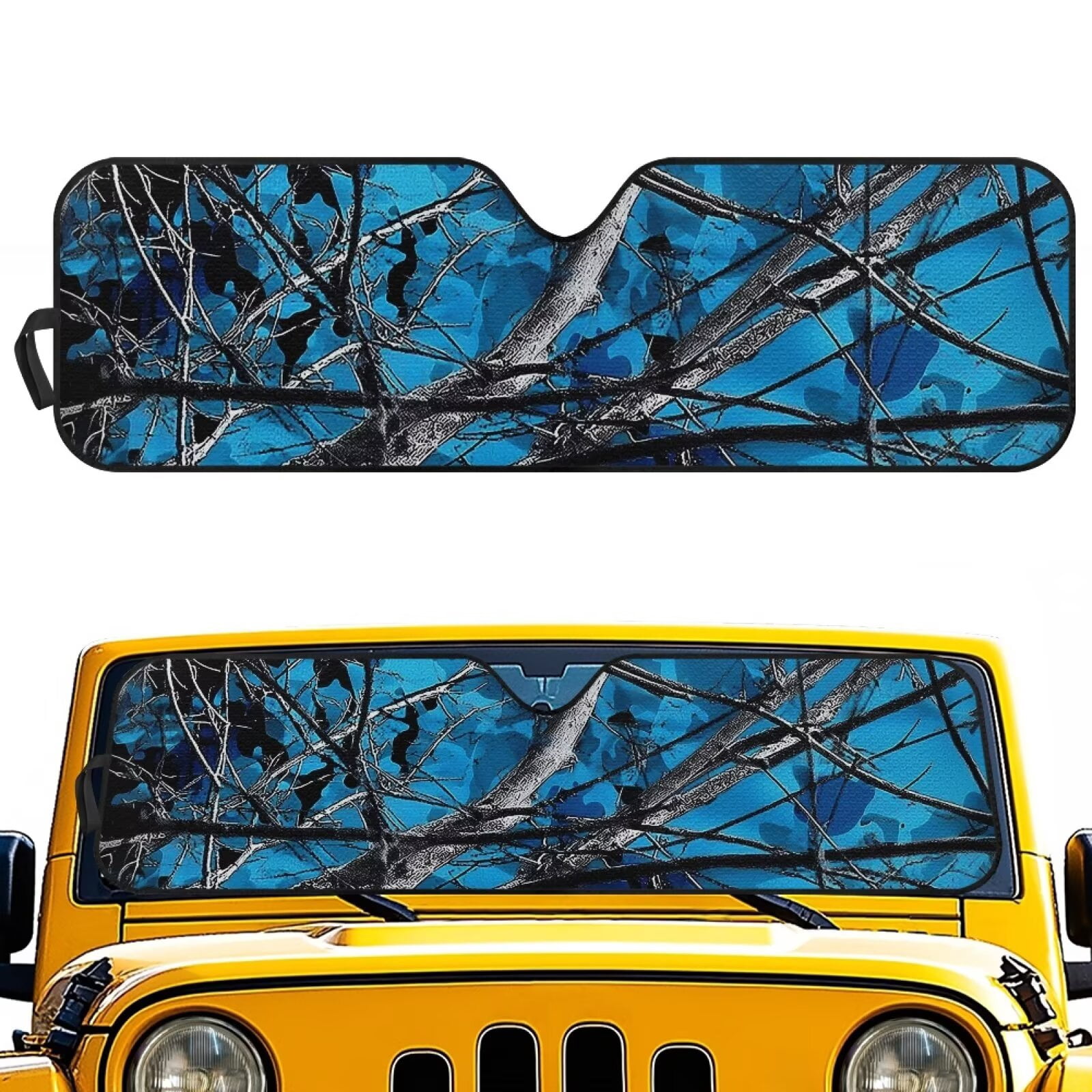 Uorisanigo Windshield Sun Shade, Blue Hunting Camo Forest Windshield Sunshade Heat Shield for Jeep Wrangler, 52.95 in *16.14 in, Compatible with JK JKU TJ 2 Door / 4 Door, Esay to Install