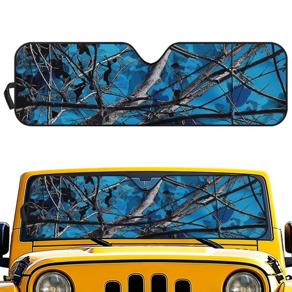 Uorisanigo Windshield Sun Shade, Blue Hunting Camo Forest Windshield Sunshade Heat Shield for Jeep Wrangler, 52.95 in *16.14 in, Compatible with JK JKU TJ 2 Door / 4 Door, Esay to Install