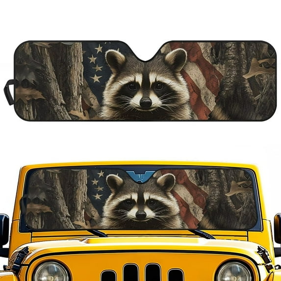 Uorisanigo Windshield Sun Shade,Camo American Flag Raccoon Car Sunshade for Jeep Wrangler JK JKU JL JLU 1997-2023 & Jeep Gladiator JT 2020-2023,UV Rays Blocker Sun Visor Shield Keep Vehicle Cool