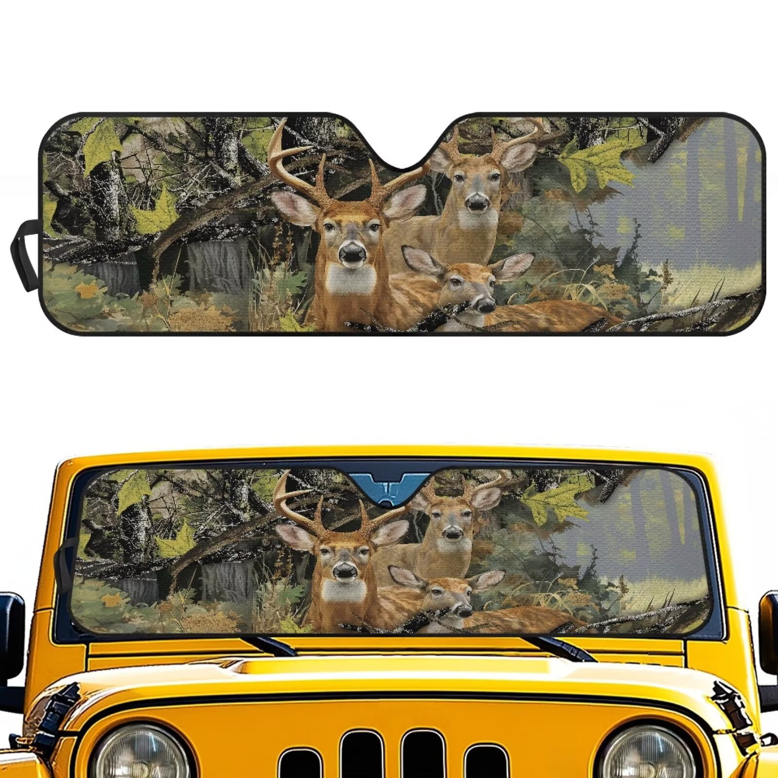 Uorisanigo Windshield Sun Shade, Camo Deer Hunter Car Sunshade Compatible with Jeep Wrangler Rubicon Sahara TJ JK JKU 2 Door & 4 Door, UV Rays Blocker Sun Visor Shade Keep Vehicle Cool