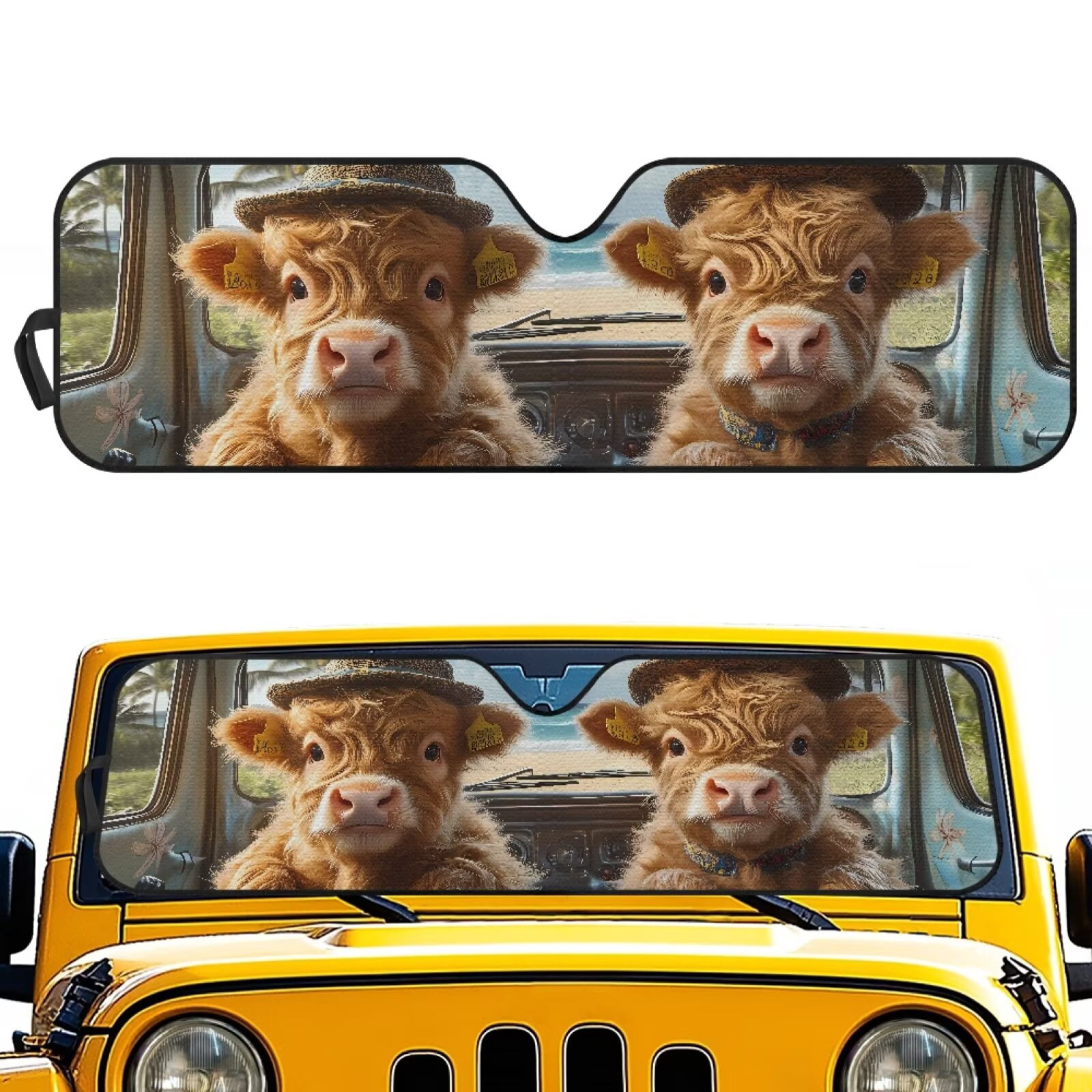 Uorisanigo Windshield Sun Shade, Car Sun Shade，52.95 in *16.14 in, Compatible with 2007-2024 Wrangler Rubicon Sahara TJ JK JKU 2 & 4 Door, Baby Highland Cow Print