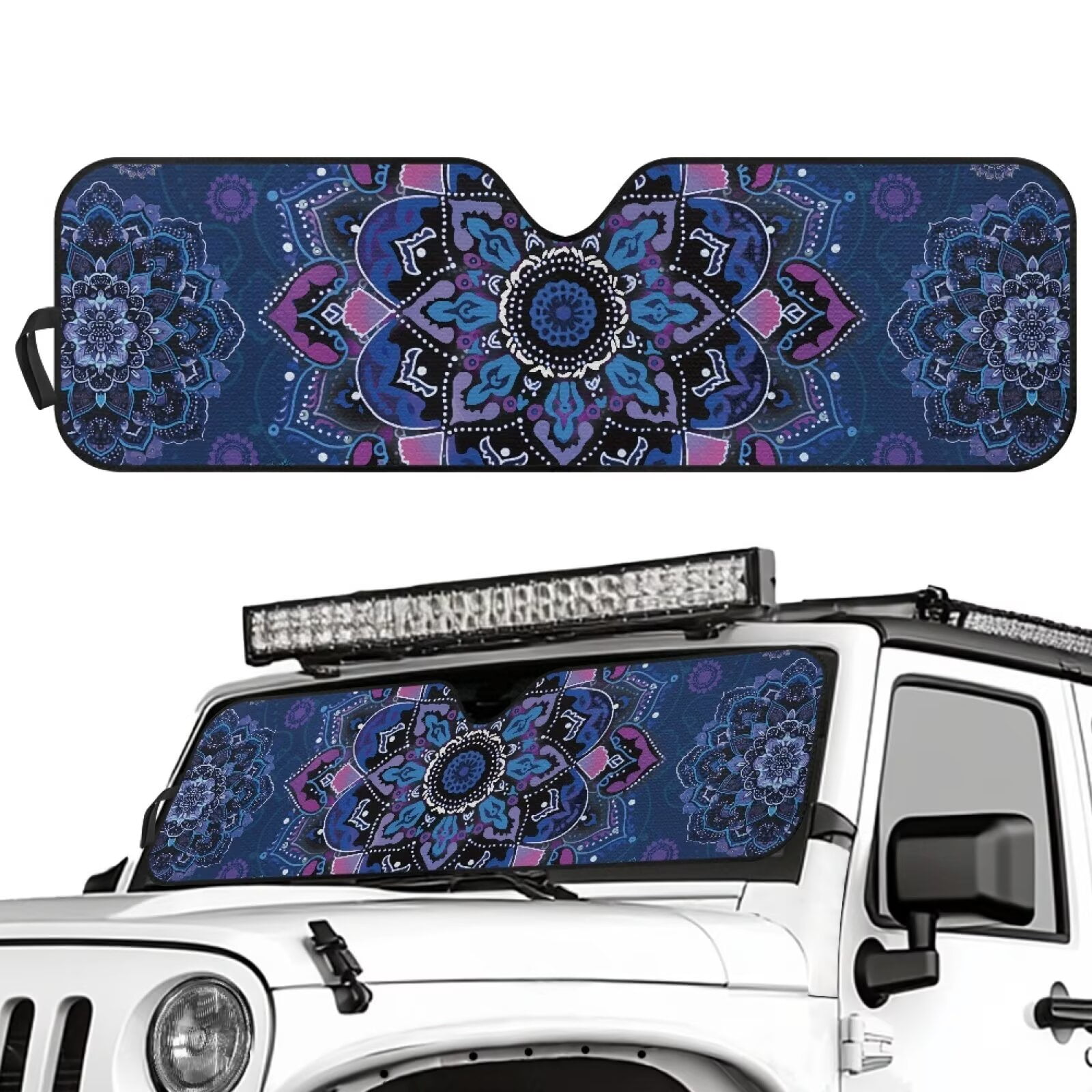 Uorisanigo Windshield Sun Shade, Car Sunshade for 2018-2023 Jeep Wrangler JL JLU Gladiator JT-Blocks UV Rays Blue Mandala Flowers Sun Visor Shield,Front Window Sunshade Keeps Vehicle Cool