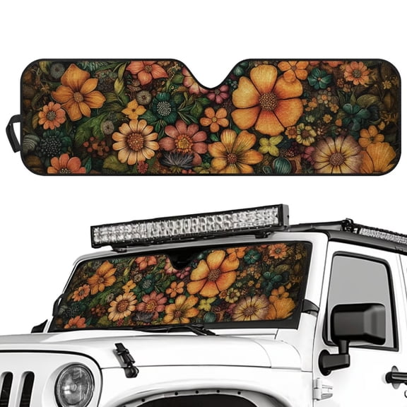 Uorisanigo Windshield Sun Shade Compatible with 2018-2023 Jeep Wrangler JL 4XE Gladiator JT, Front Window Vintage Floral Print Sunshade Sun Blocker Protection Cover with Storage Bag