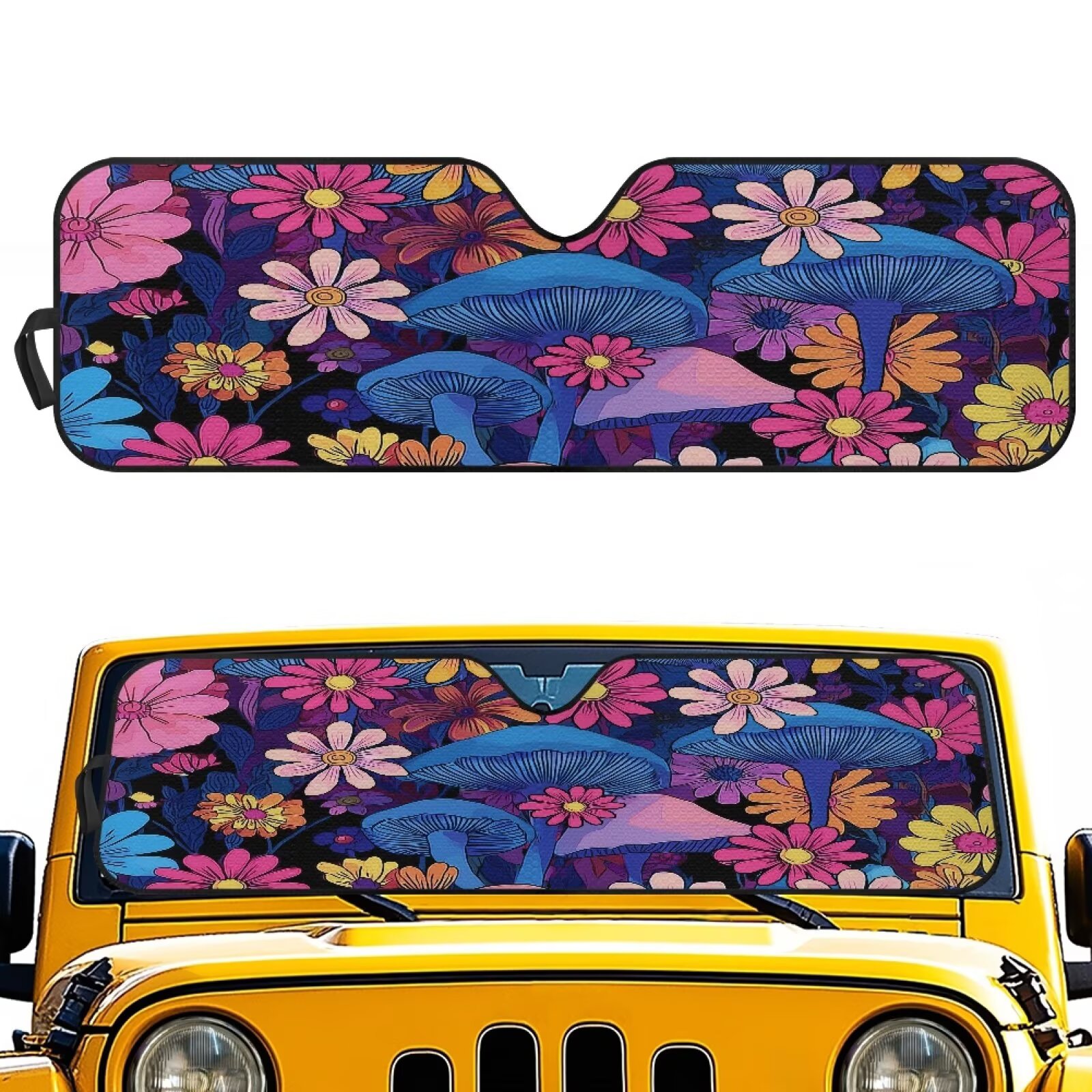 Uorisanigo Windshield Sun Shade Compatible with 2018-2025 Jeep Wrangler JL & 2/4 Door 4XE & 2020-2025 Jeep Gladiator JT 16.14"x52.95" Aesthetic Mushroom Front Window Sun Shade for Accessories