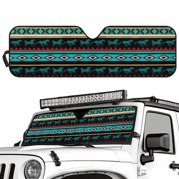 Uorisanigo Windshield Sun Shade Compatible with 2024 2025 Jeep Wrangler JL 2/4 Door, Blue Western Aztec Horse Sunshades Heat Shield, Aluminum Foil Windshield Sunshade Block UV Rays and Heat