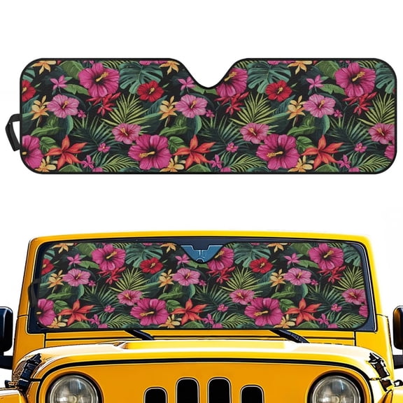 Uorisanigo Windshield Sun Shade Compatible with JLU and 2020-2024 2025 Jeep Gladiator JT/2018-2022 2023 2024 2025 Jeep Wrangler JL Foldable Front Window Pink Hibiscus Hawaii Sun Shade