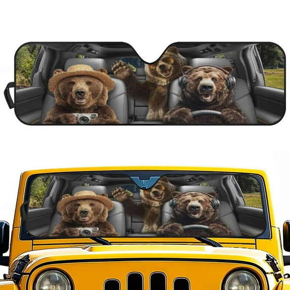 Uorisanigo Windshield Sun Shade Compatible with JT 2020-2023 and Jeep JK JKU JL JLU 1997-2023 Reflective Sun Visor Funny Bear Animal Driving Sunshade Cover Block UV Keep Cool