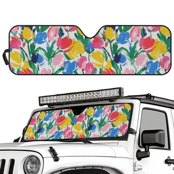 Uorisanigo Windshield Sun Shade Compatible with Jeep Sahara Rubicon Wrangler JK JL JKU JLU Front Car Window Colorful Tulips Printing Shades Reflective Sun Visor Block UV Keep Cool, Car Accessories