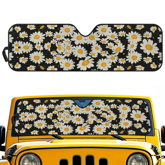 Uorisanigo Windshield Sun Shade Compatible with Jeep Wrangler JK JKU JL JLU 1997-2023 & Jeep Gladiator JT 2020-2023, Car Windshield Cute Daisy Print Sunshade Front Window Sun Visor