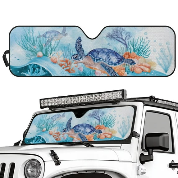 Uorisanigo Windshield Sun Shade Compatible with Jeep Wrangler JK JKU TJ, Blue Sea Turtle Sunshade Shield Protection for Wrangler 1997-2018, Windshield Sunshade Sun Visor Blocks for UV and Heat
