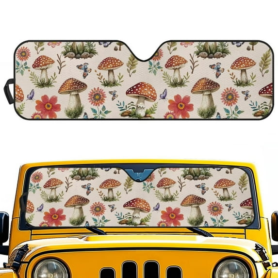 Uorisanigo Windshield Sun Shade Compatible with Jeep Wrangler TJ JK JKU 1996-2018 Car Sunshade Sun Visor Protector UV Ray Reflector Keep Your Vehicle Cool, Flower Mushroom