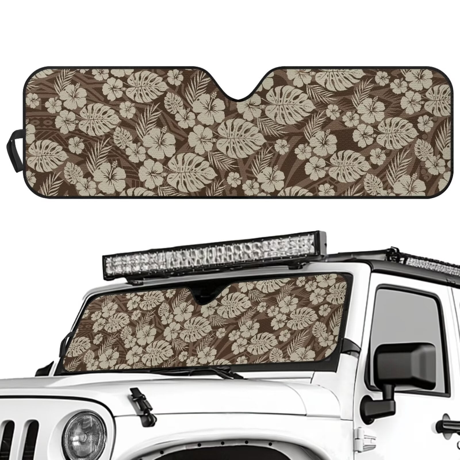 Uorisanigo Windshield Sun Shade Compatible with Jeep Wrangler TJ JK JL & Gladiator JT 2/4 Door Foldable Brown Hibiscus Leaf Sunshade, Blocks UV Rays and Heat, Keep Interior Cool, Outdoor Camping