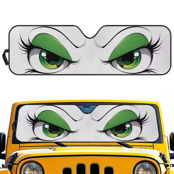 Uorisanigo Windshield Sun Shade Compatible with Jeep Wrangler TJ JK JL & Gladiator JT Accessories, Front Window Funny Big Eyes Green Sunshade Sun Visor Protector Foldable Block UV Rays