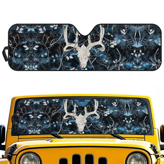 Uorisanigo Windshield Sun Shade Compatible with Jeep Wrangler TJ JK JL & Gladiator JT-Blocks UV Rays SunVisor Mat,Dead Branch Skull Deer Car Sun Shade Keep Your Vehicle Cool, 1Pc