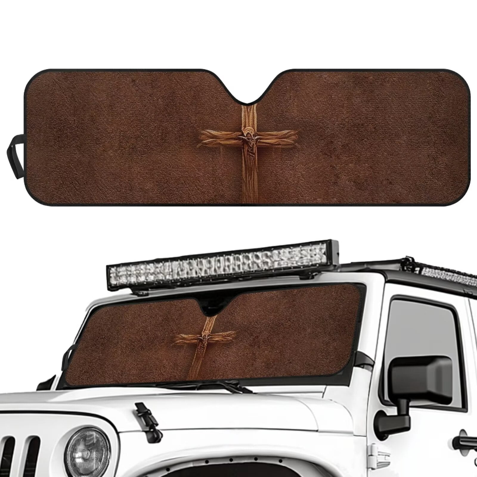 Uorisanigo Windshield Sun Shade Compatible with Jeep Wrangler TJ JK JL & Gladiator JT, Brown Cross Print Sunshades Heat Shield, Aluminum Foil Car Sun Shade for Front Window, UV Ray Reflector