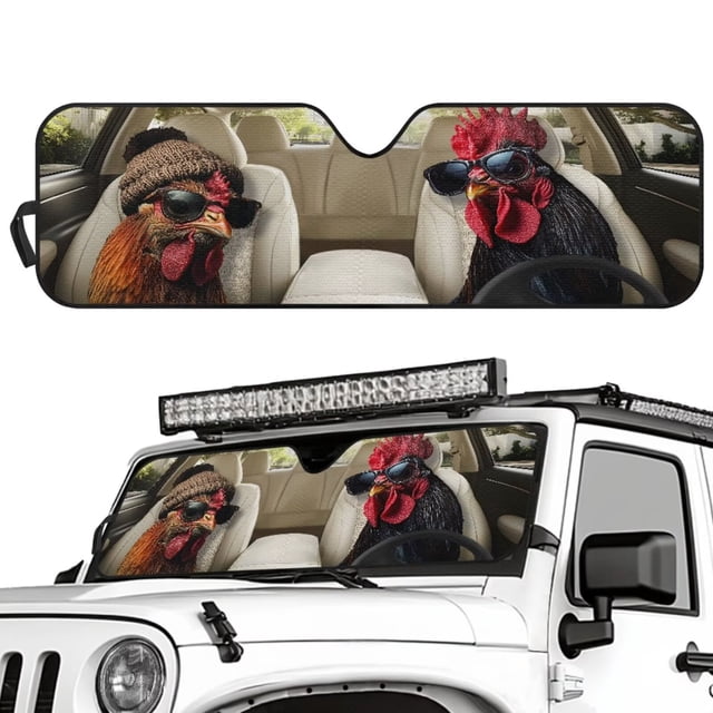 Uorisanigo Windshield Sun Shade Compatible with Rubicon Sahara TJ JK JKU 2 Door & 4 Door Sun Visor Shade, Aluminum Foil Heat UV Protection Visor Accessories, Funny Rooster Driving