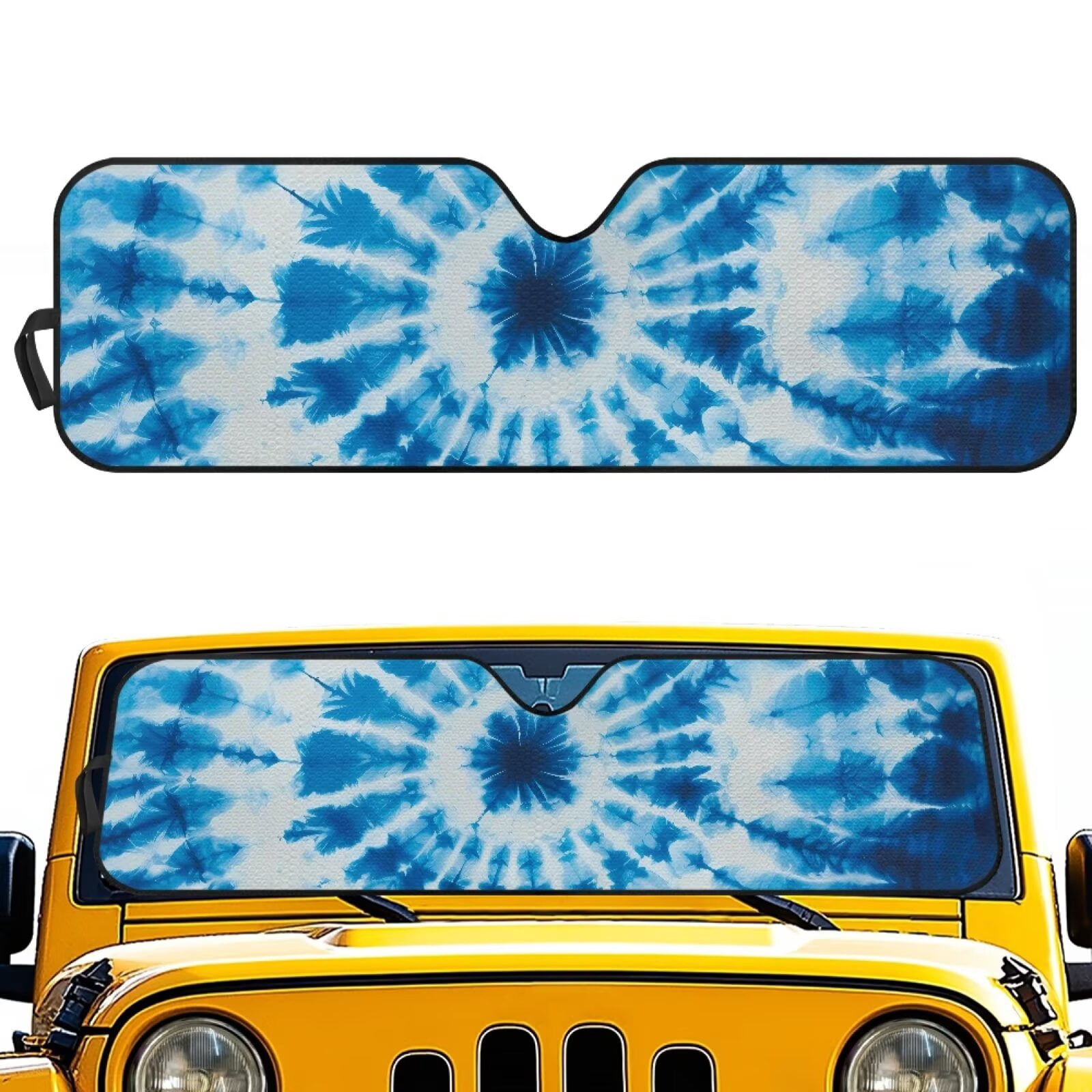 Uorisanigo Windshield Sun Shade Cover for Jeep Wrangler JK JKU JL JLU 1997-2025 & Jeep Gladiator JT 2020-2024 Blue Tie Dye Car Sunshade Sun Visor Blocks UV Rays and Keep Vehicle Cool