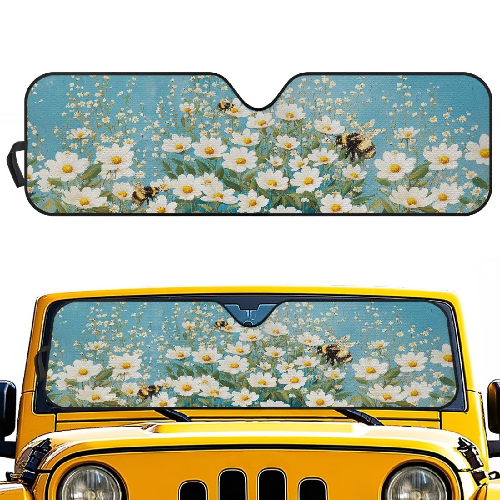 Uorisanigo Windshield Sun Shade Daisy Bee Print Windshield Shade Compatible with 2007-2024 Wrangler Rubicon Sahara TJ JK JKU 2 & 4 Door Heat Shield Sun Visor Cover Block UV Rays ,1Pc