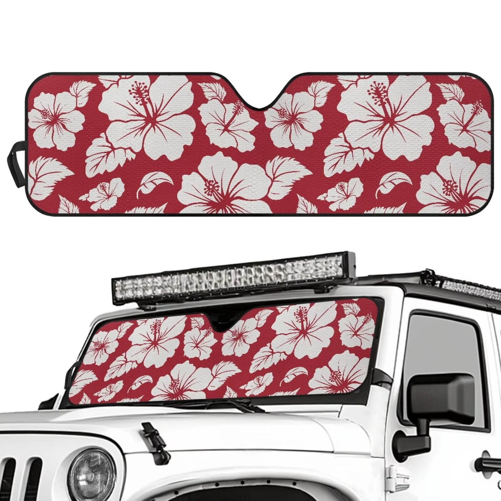 Uorisanigo Windshield Sun Shade Fit for Jeep Wrangler JL 2/4 Door 4XE 2024-2025 & Gladiator JT 2020-2025 Foldable Red Hibiscus Flowers Sun Visor Blocks UV Rays Keep Car Cool