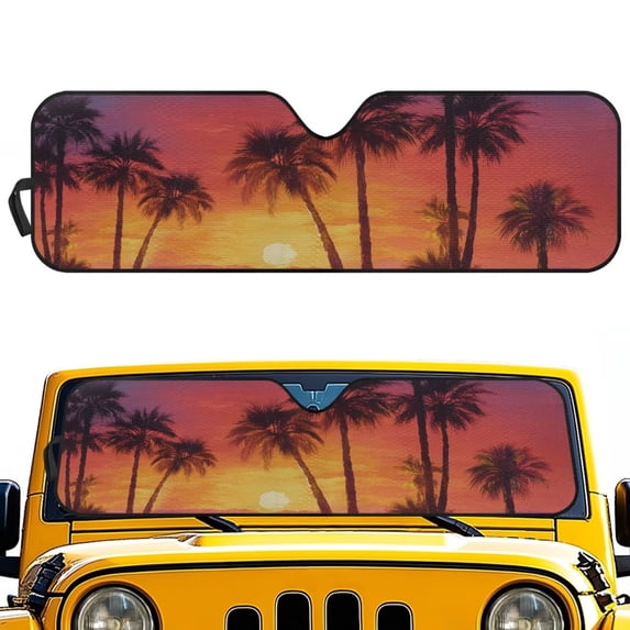 Uorisanigo Windshield Sun Shade Foldable 1 Piece Orange Sunset Palm Trees Car Sunshade Sun Visor Suitable for K JKU TJ 2 Door / 4 Door, Heat and UV Rays Blocker Keeps Vehicle Cool