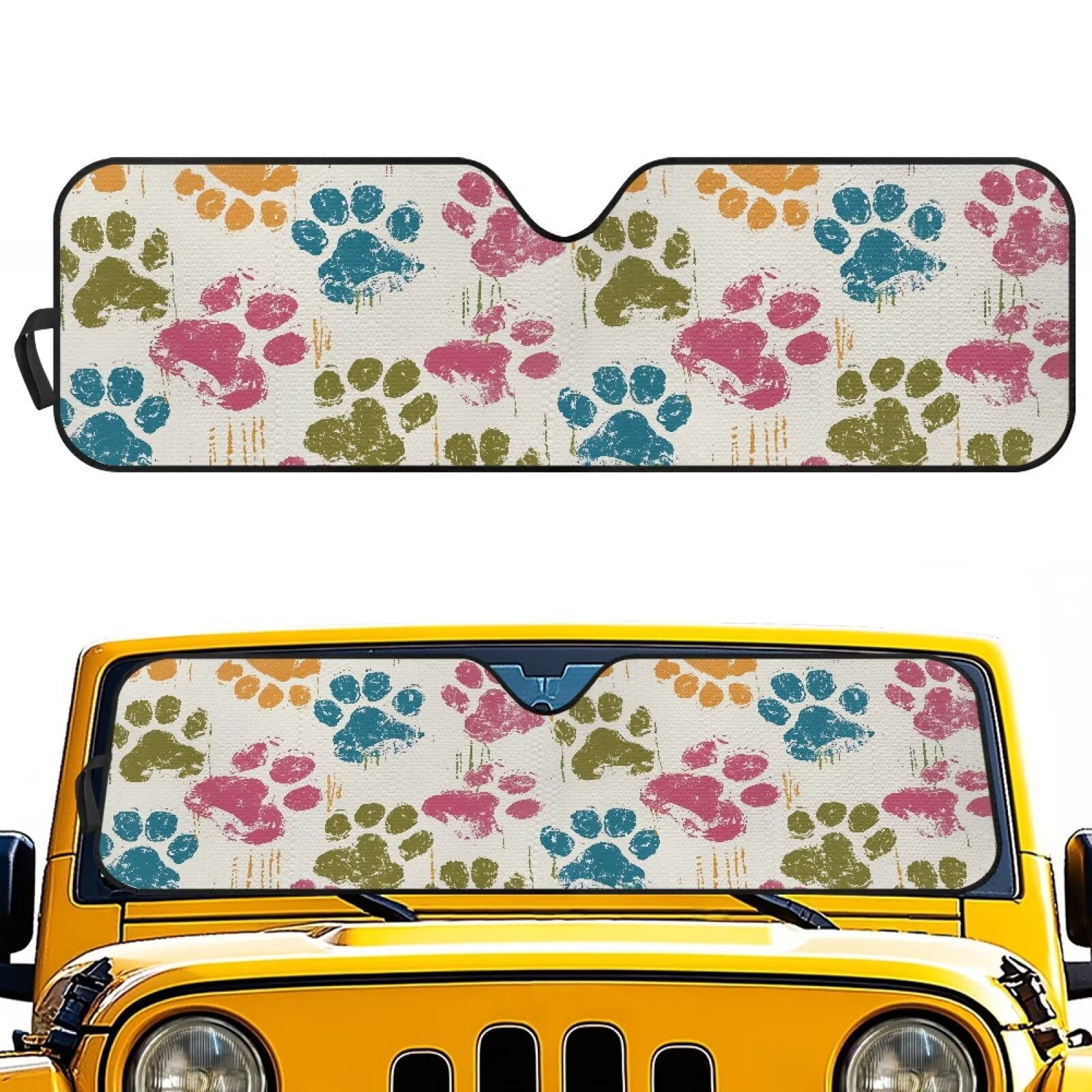 Uorisanigo Windshield Sun Shade Foldable Colorful Dog Paw Sun Shade Visor for Jeep Wrangler JL JLU 2018-2024 & JT - Heat Shield Reflector Cover - Blocks UV Rays & Keeps Your Vehicle Cool