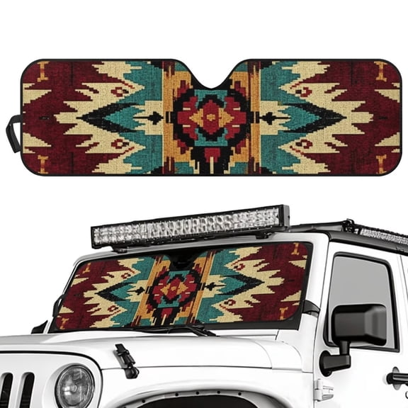 Uorisanigo Windshield Sun Shade Foldable Red Southwest Aztec Sun Visor for Rubicon Sahara TJ JK JKU 2 & 4 Door-Blocks, Front Window Sunshade Keeps Vehicle Cool (52.95" X 16.14")