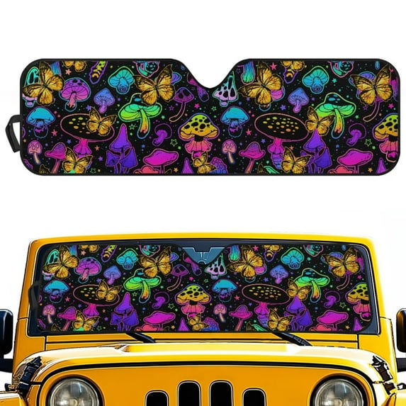 Uorisanigo Windshield Sun Shade, Foldable Shade Heat Shield, Compatible with 2018-2023 Jeep Wrangler JL JLU Gladiator JT, 52.95 in *16.14 in(Psychedelic Trippy Mushroom)