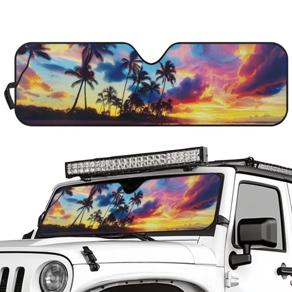 Uorisanigo Windshield Sun Shade Foldable Sunshade Aluminum Foil Colorful Sunset Palm Tree Sun Visor Shield for 2018-2024 2025 Jeep Wrangler JL / 2020-2024 Jeep Gladiator JT