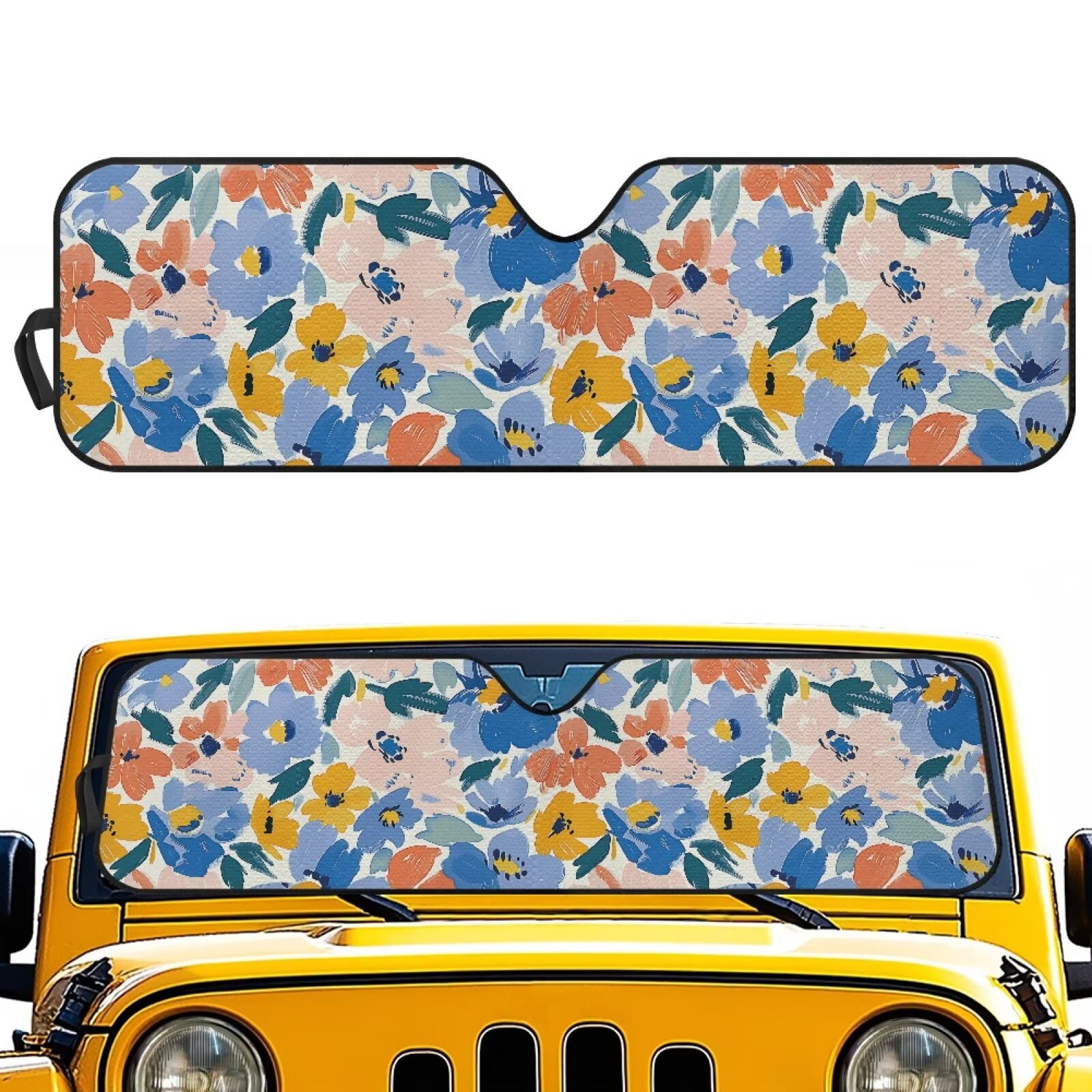 Uorisanigo Windshield Sun Shade for Jeep Wrangler 2018-2023 JL JLU & 2020-2023 Gladiator JT, Blocks UV Rays Blue Flowers Print Car Sun Visor Shield Cover,Front Window Sunshade Keeps Vehicle Cool