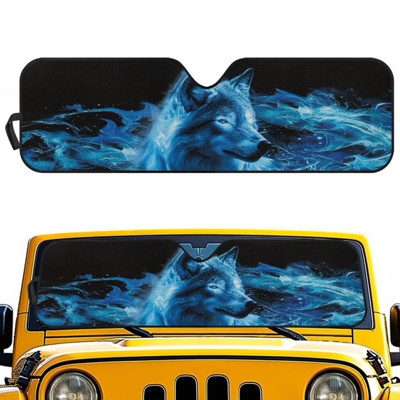 Uorisanigo Windshield Sun Shade for Jeep Wrangler, Blue Wolf Print Sun Visor Windshield Shade Blocks UV Rays, Sunshade Heat Shield Compatible with 1997-2017 Jeep Wrangler TJ JK JKU 2/4 Doors