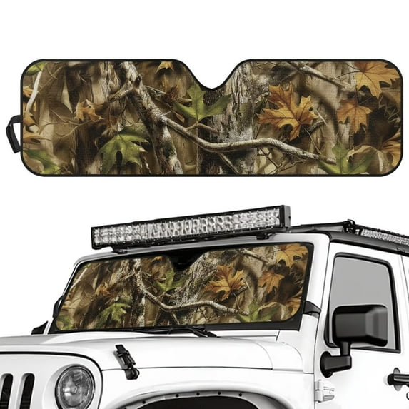 Uorisanigo Windshield Sun Shade for Jeep Wrangler, Gladiator, Renegade, FJ Cruiser, Foldable Camo Hunting Wood Windshield Sun Visor Blocks UV Rays Front Window Sunshade