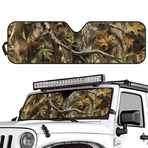 Uorisanigo Windshield Sun Shade for Jeep Wrangler, Gladiator, Renegade, FJ Cruiser, Foldable Camo Hunting Wood Windshield Sun Visor Blocks UV Rays Front Window Sunshade
