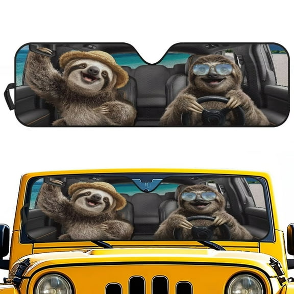 Uorisanigo Windshield Sun Shade for Jeep Wrangler, Gladiator, Renegade, FJ Cruiser, Funny Sloth Animal Driving Front Window Sunshade Sun Visor with Storage Bag Easy to Store