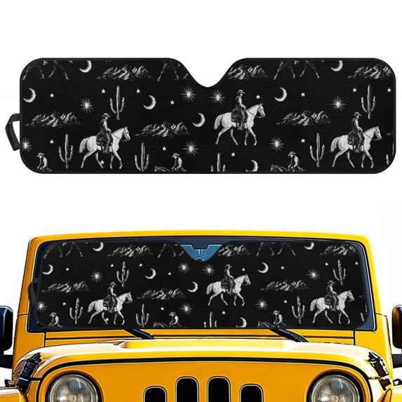 Uorisanigo Windshield Sun Shade for Jeep Wrangler JK JKU JL JLU 1997-2025 & Jeep Gladiator JT 2020-2024, Foldable Cowboy Horse Cactus Windshield Sunshade Sun Visor Blocks UV Rays, Heat Shield
