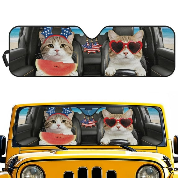 Uorisanigo Windshield Sun Shade for Jeep Wrangler JK JKU JL JLU 1997-2025 & Jeep Gladiator JT 2020-2024, Funny Cat Driving Front Window Sun Visor Blocks UV Rays Foldable Sunshade