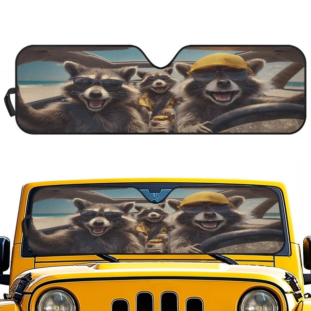 Uorisanigo Windshield Sun Shade for Jeep Wrangler JK JKU JL JLU1997-2024, Cute Raccoon Driving Front Window Visor Shade Blocks UV Rays Foldable Sunshade with Storage Pouch, Easy to Store