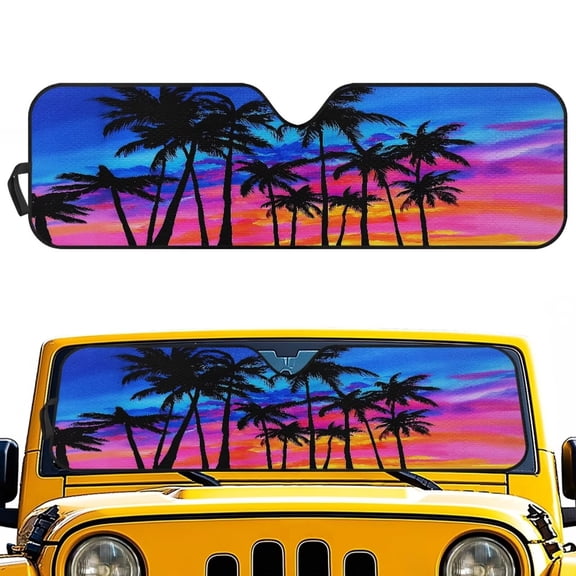 Uorisanigo Windshield Sun Shade for Jeep Wrangler JL 2018-2025 & Gladiator 2020-2025, UV Ray Reflector Colorful Sunset Palm Trees Windshield Sun Visor Keeps Your Car Cool