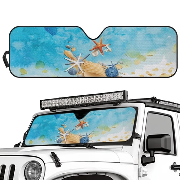 Uorisanigo Windshield Sun Shade for Jeep Wrangler TJ JK JKU 1997-2018, Beach Starfish Windshield Sun Visor, Aluminum Foil Blocks Sunlight Heat UV Rays, Easy to Install