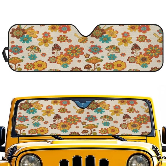 Uorisanigo Windshield Sun Shade for Jeep Wrangler TJ JK JKU 1997-2018, Foldable Yellow Mushroom Flowers Windshield Cover Sun Visor Blocks UV Rays,Keeping Your Vehicle Cooler