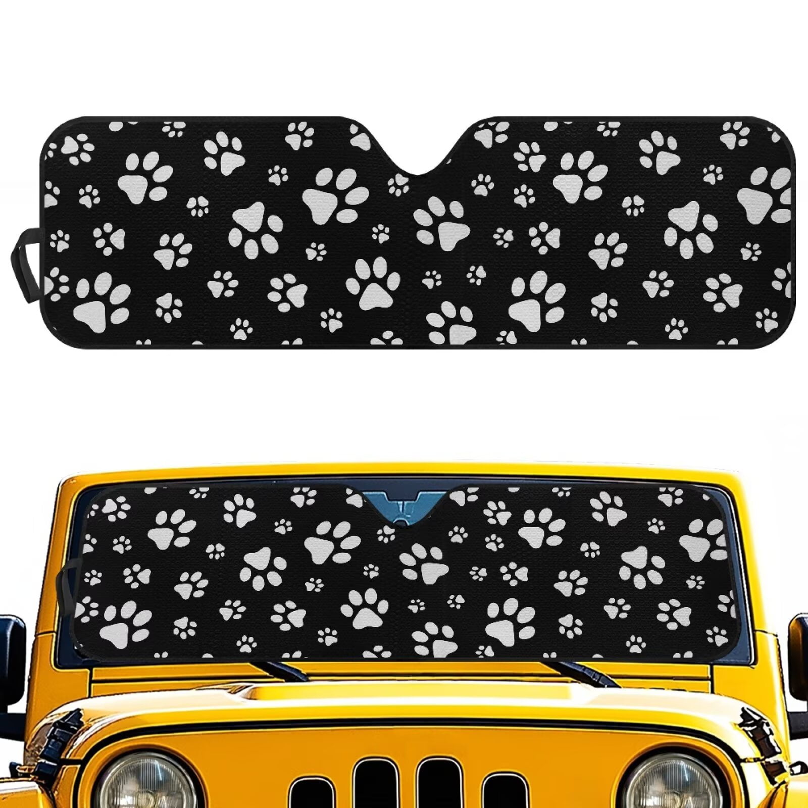 Uorisanigo Windshield Sun Shade for Jeep Wrangler TJ JK JKU Sport Sahara Rubicon 2 Door & 4 Door Foldable Pet Paws Print Front Sunshade, Blocks UV Rays and Heat, Keep Interior Cool